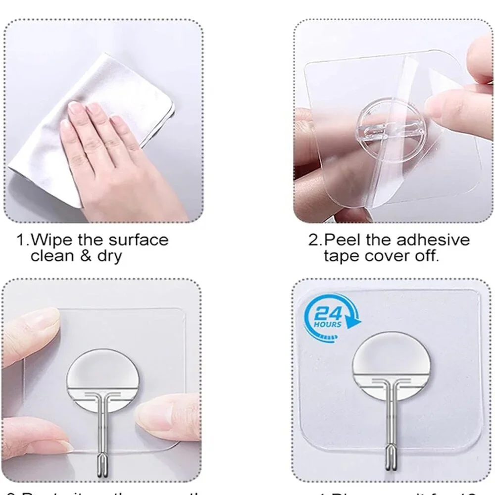 Classic Polished Adhesive Hooks - 8 Heavy Duty Transparent Wall Mounts for Home